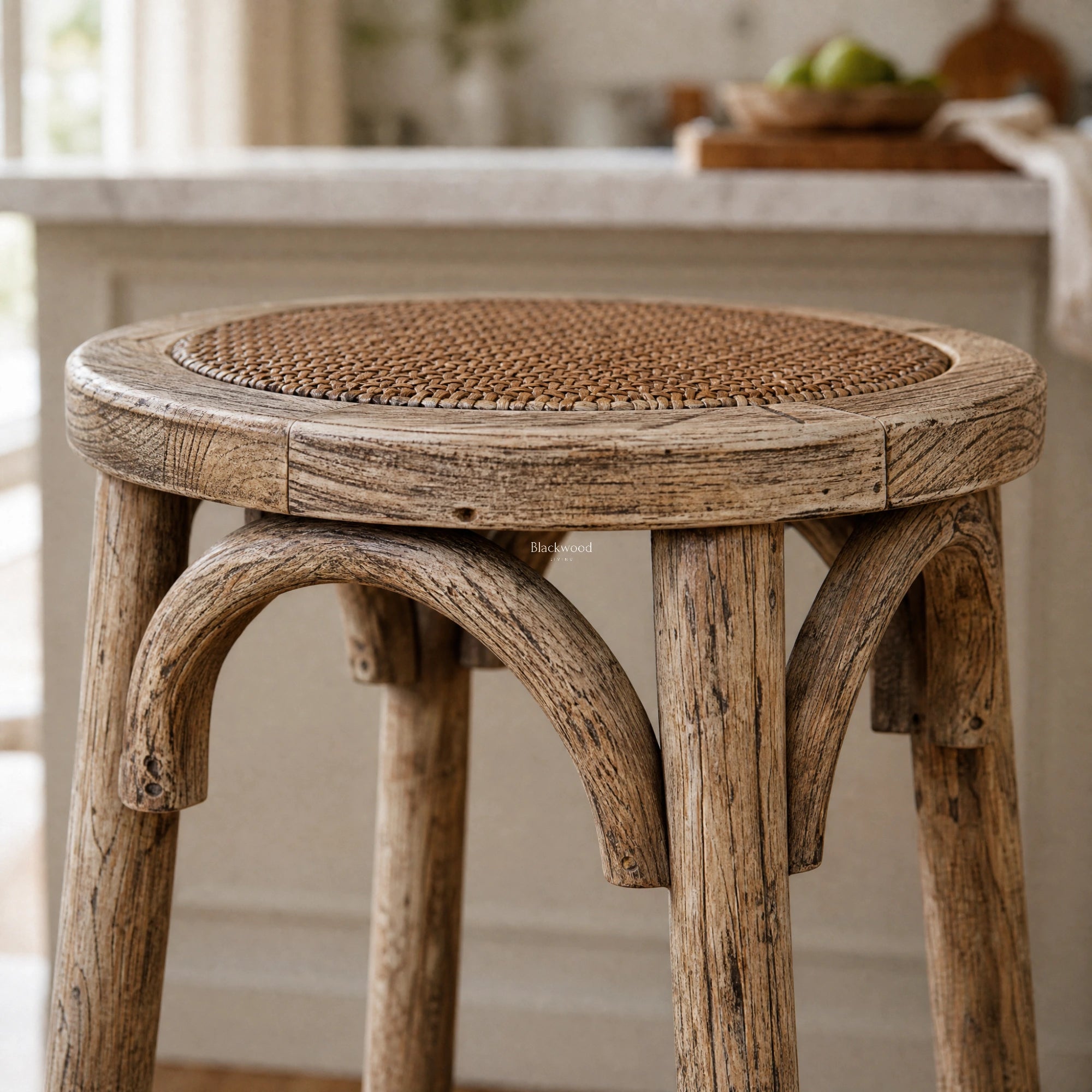 Villard Stool with solid elm wood legs and handwoven rattan seat in farmhouse style