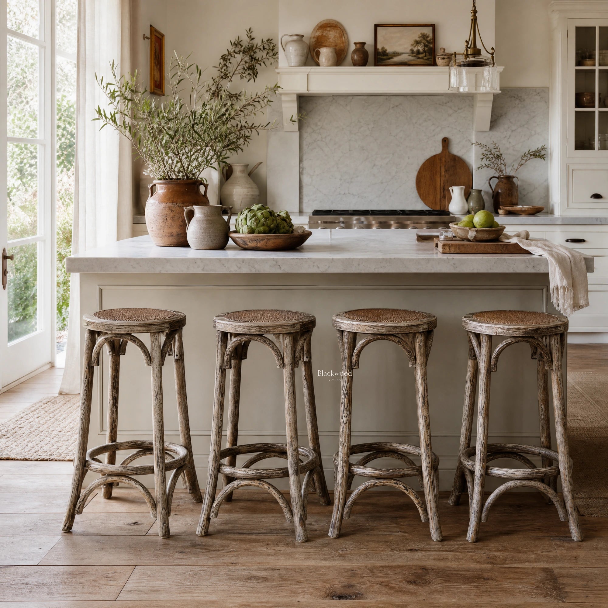 Four Villard Stools with solid elm wood frames and handwoven rattan seats at a kitchen island
