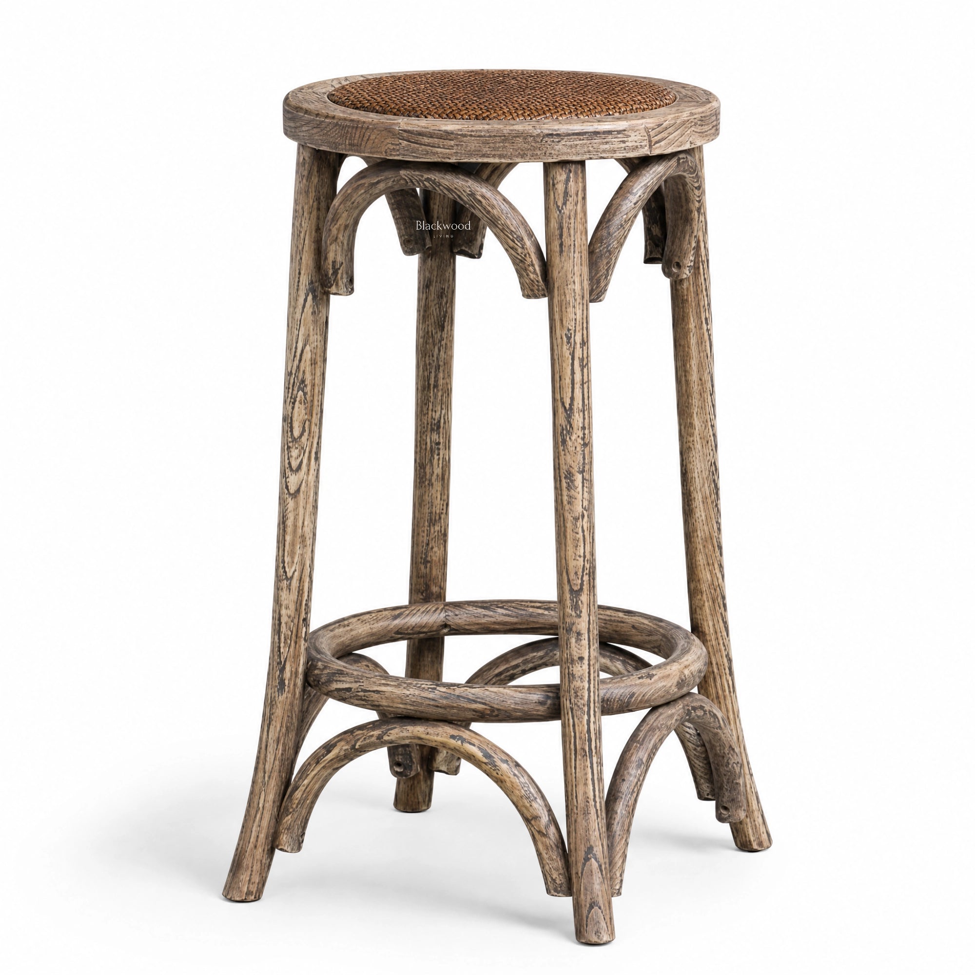 Villard Stool featuring solid elm wood frame with graceful curves and a natural handwoven rattan seat.