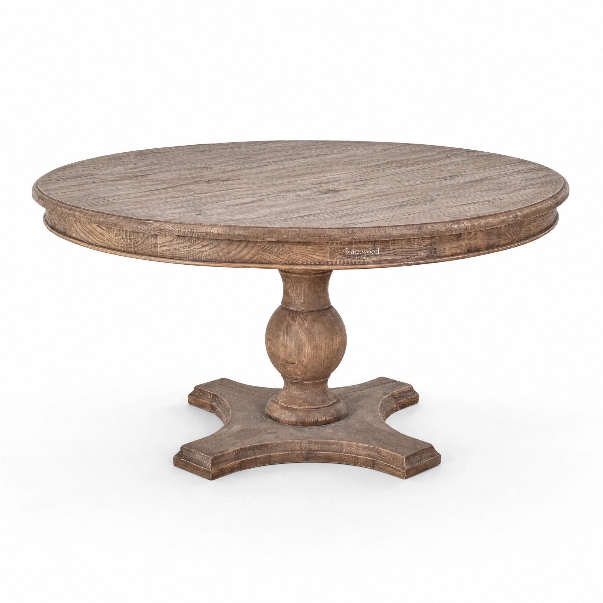 Round reclaimed elm dining table with cross base