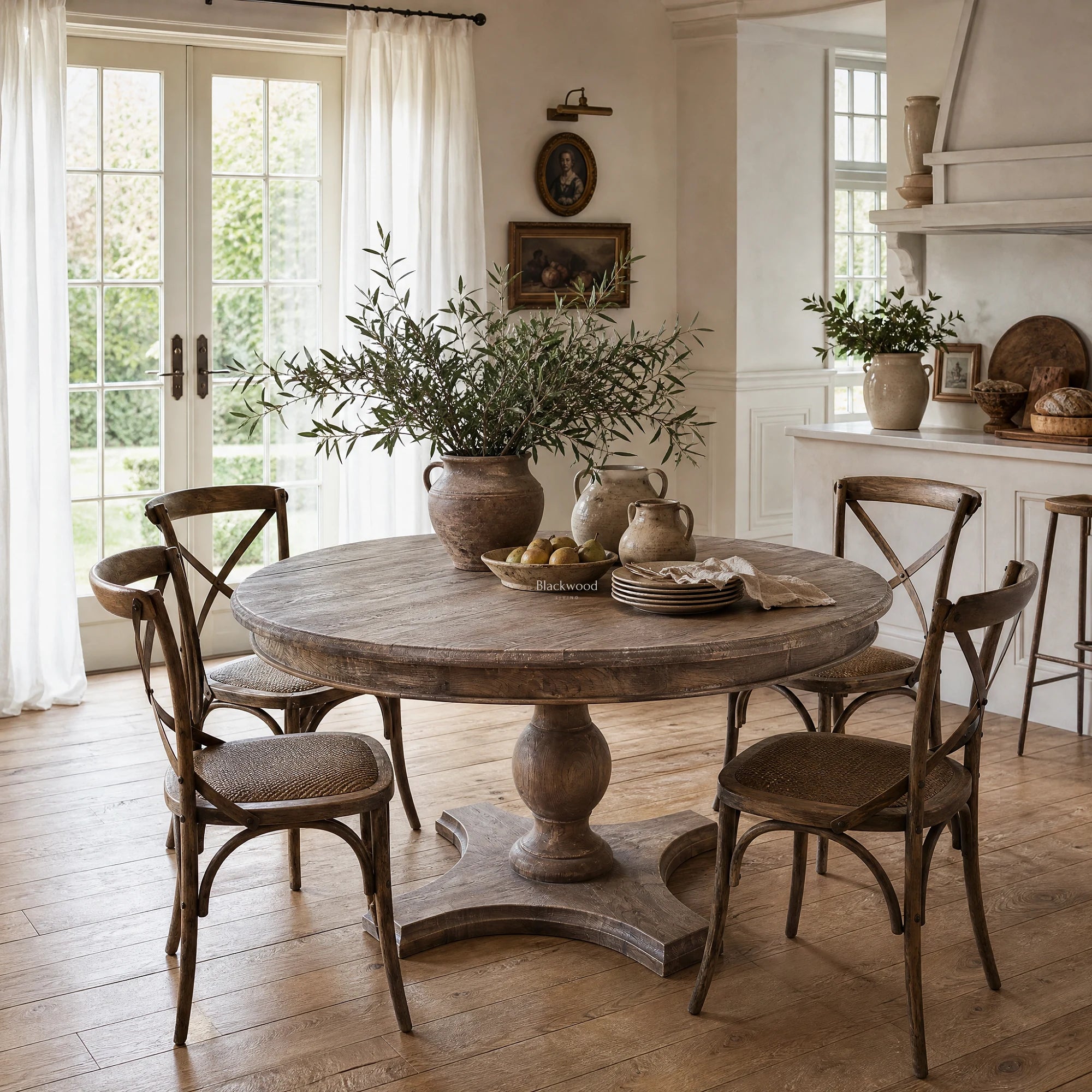 Reclaimed elm round dining table with pedestal base and rustic woven chairs.