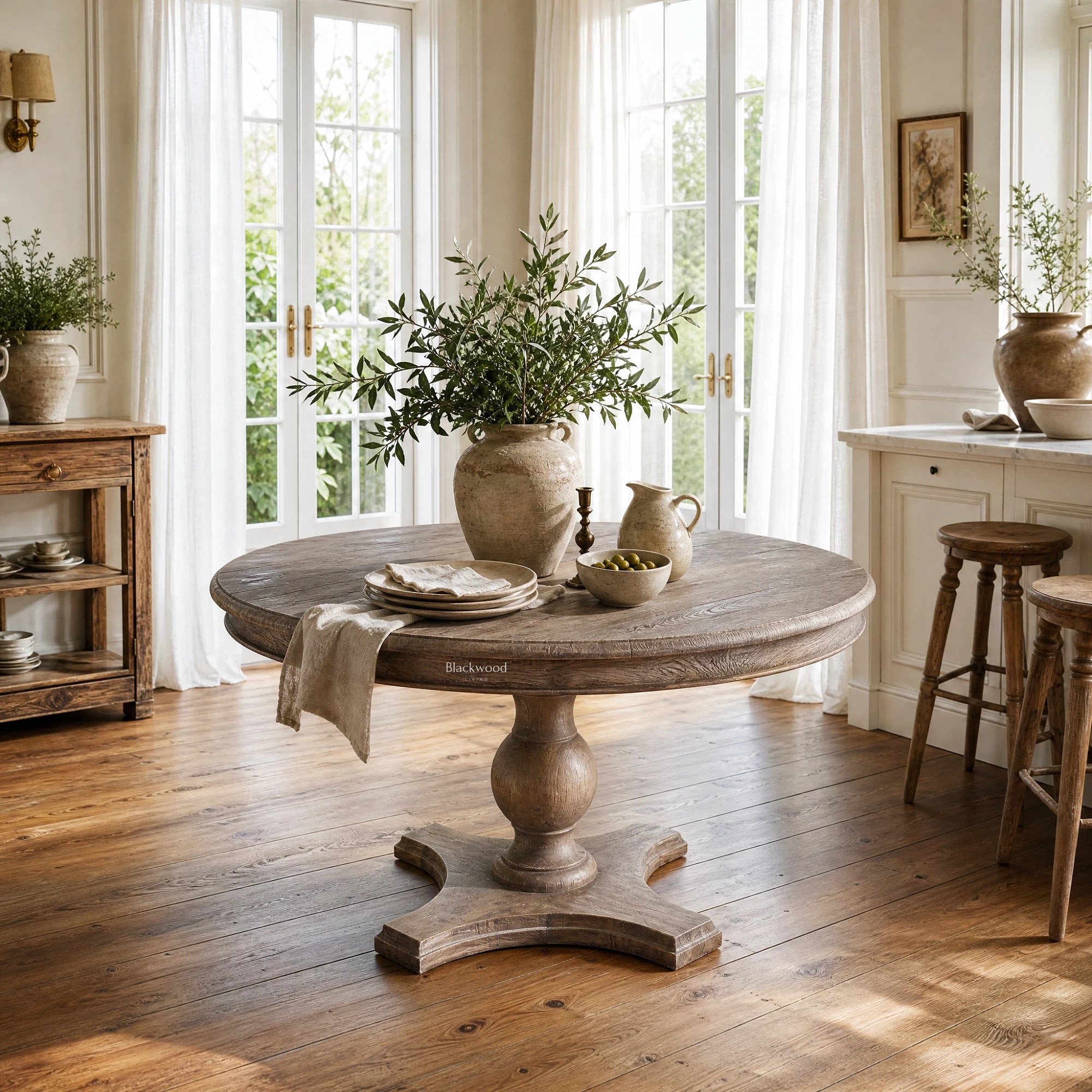 Laurent Dining Table made of reclaimed elm with a pedestal base in a bright sunlit dining room.