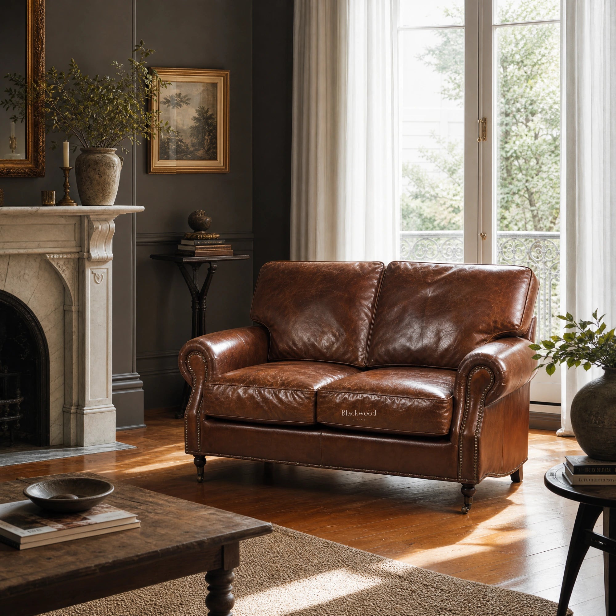 Brown two-cushion leather sofa placed in a living room next to a fireplace