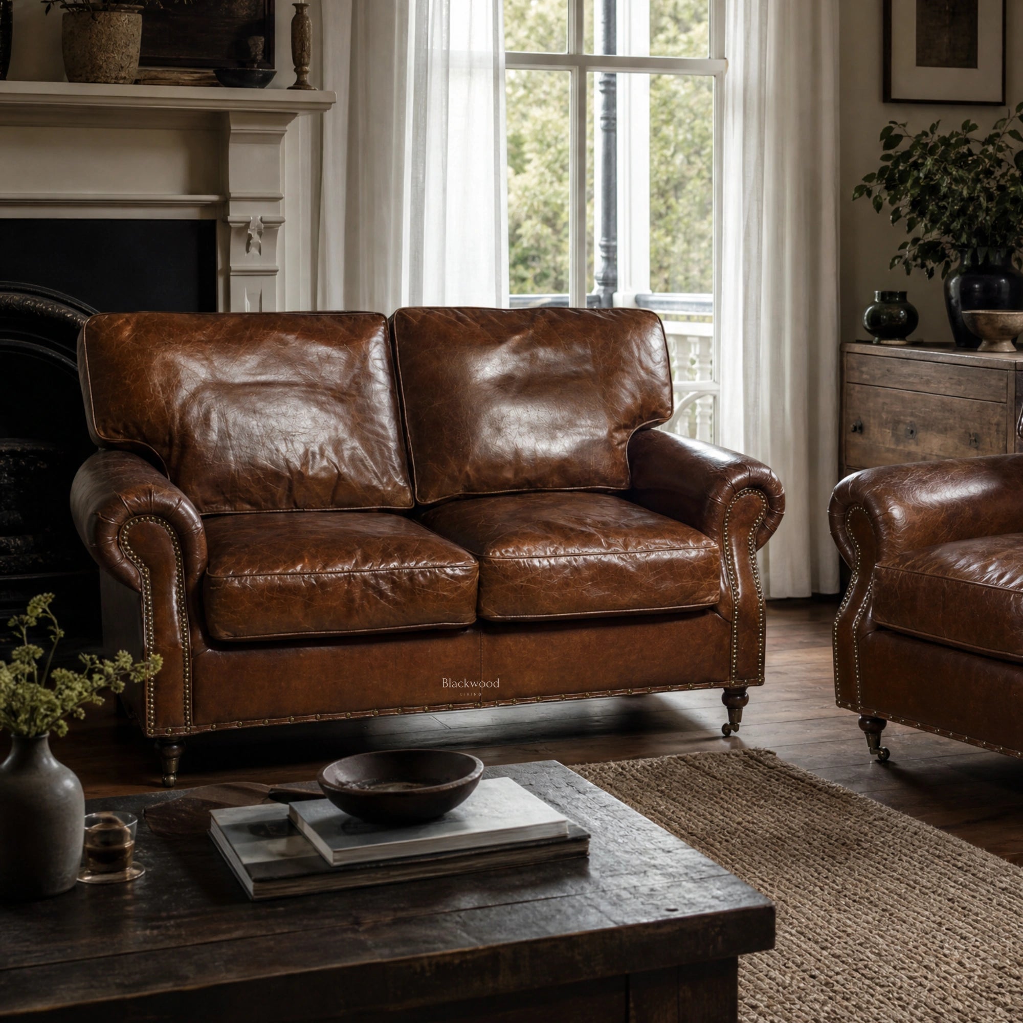Antique finish Churchill two-seat sofa in premium South American top-grain leather