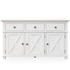 Bridgeport 3 Drawer Sideboard in crisp white solid acacia with cross-braced doors and moulding.