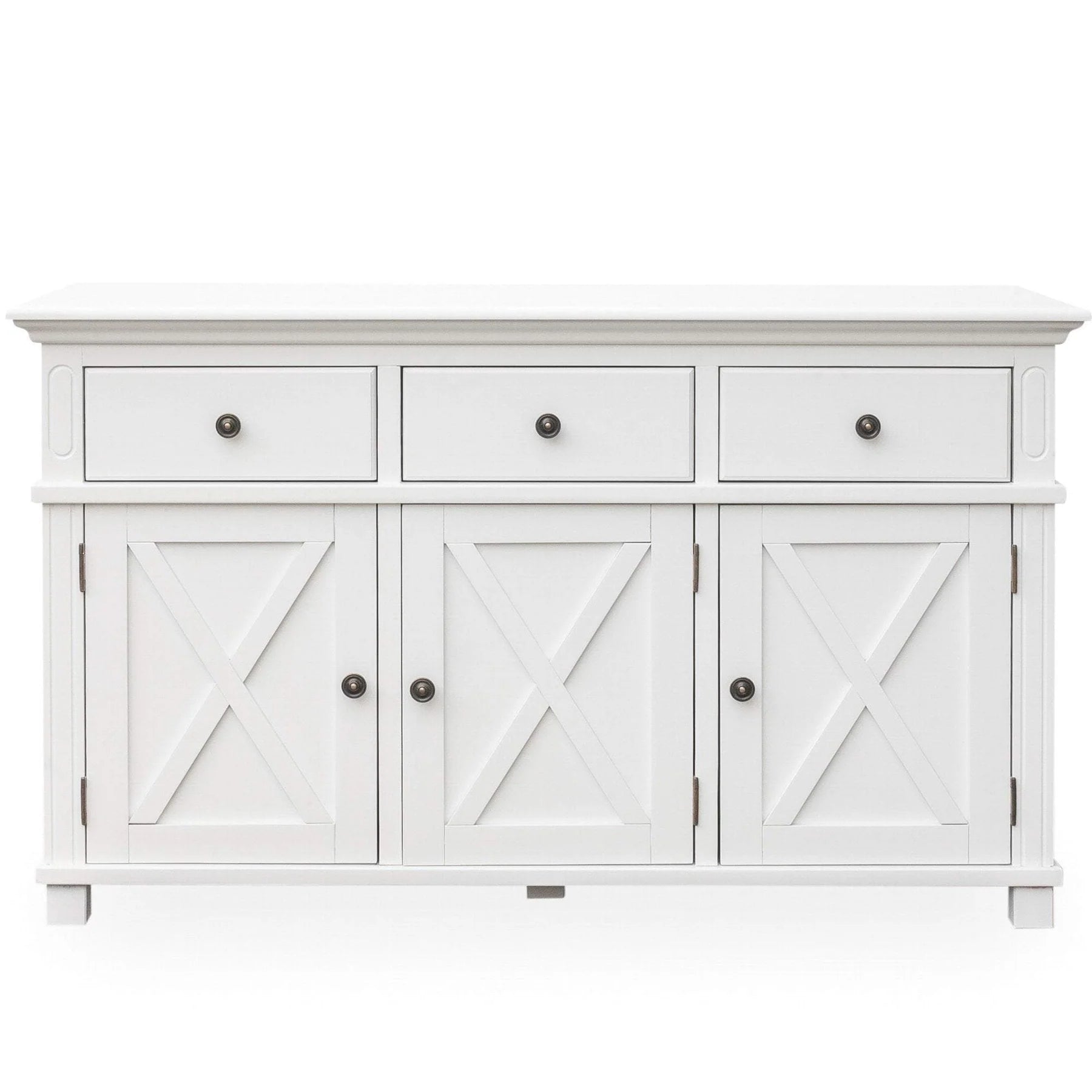 Bridgeport 3 Drawer Sideboard in crisp white solid acacia with cross-braced doors and moulding.