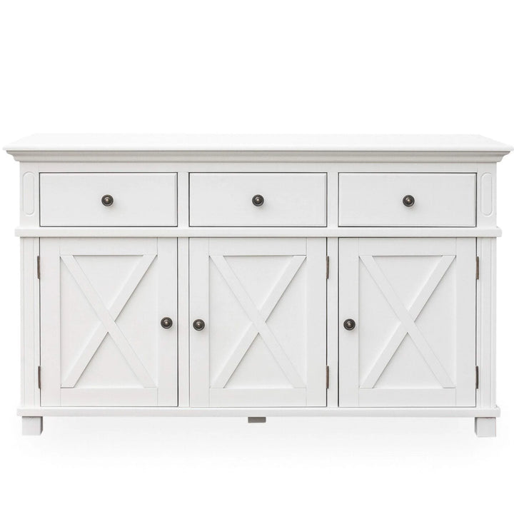 Bridgeport 3 Drawer Sideboard in crisp white solid acacia with cross-braced doors and moulding.