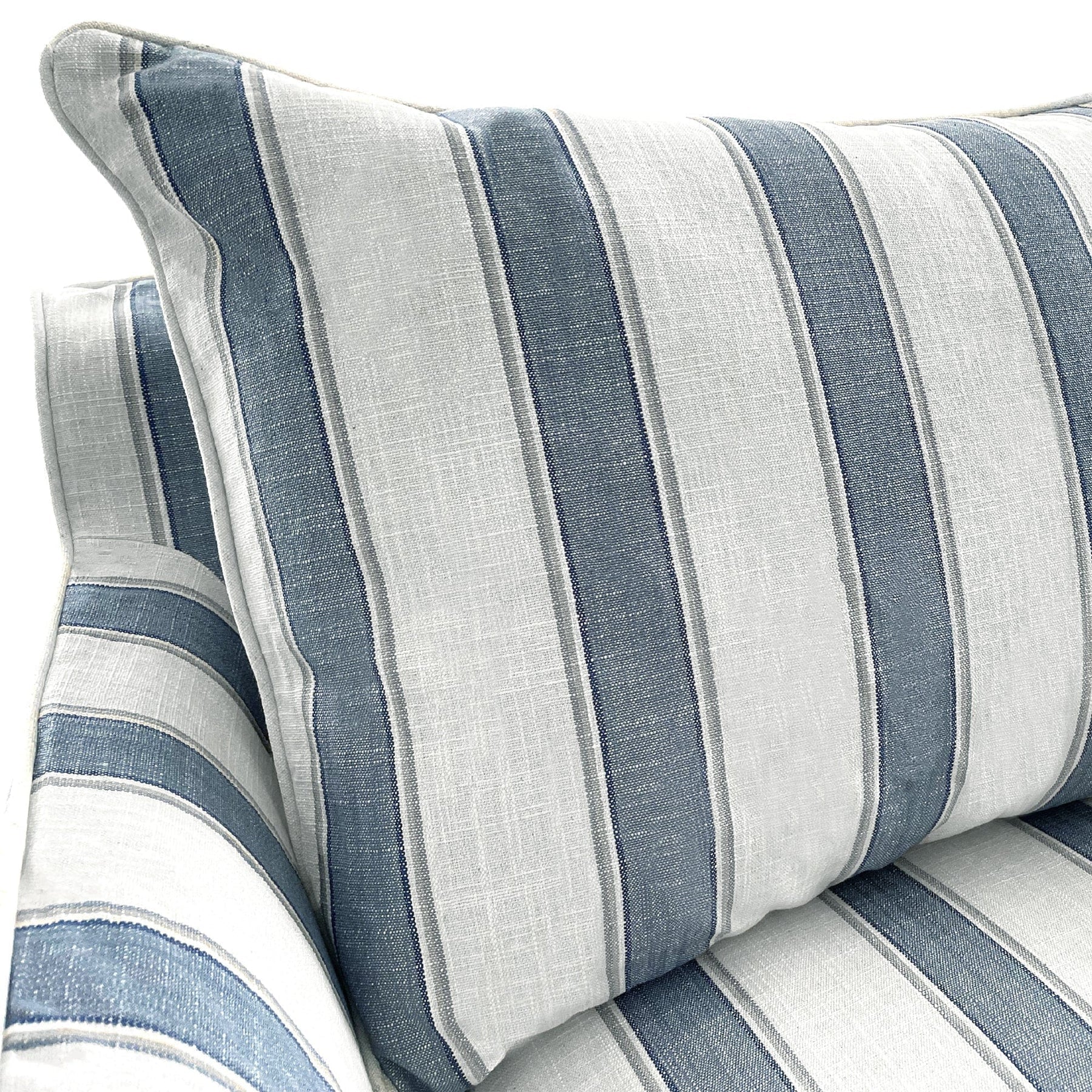 Newport 3-seat sofa in Mariner Blue Stripe linen-blend slipcover with cushioned comfort and coastal style.