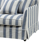 Newport 3 Seat Sofa in Mariner Blue Stripe with linen-blend slipcover, cushions, and tailored skirt.