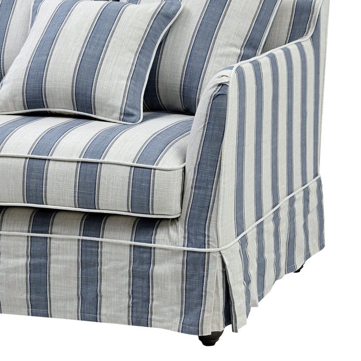 Newport 3 Seat Sofa in Mariner Blue Stripe with linen-blend slipcover, cushions, and tailored skirt.