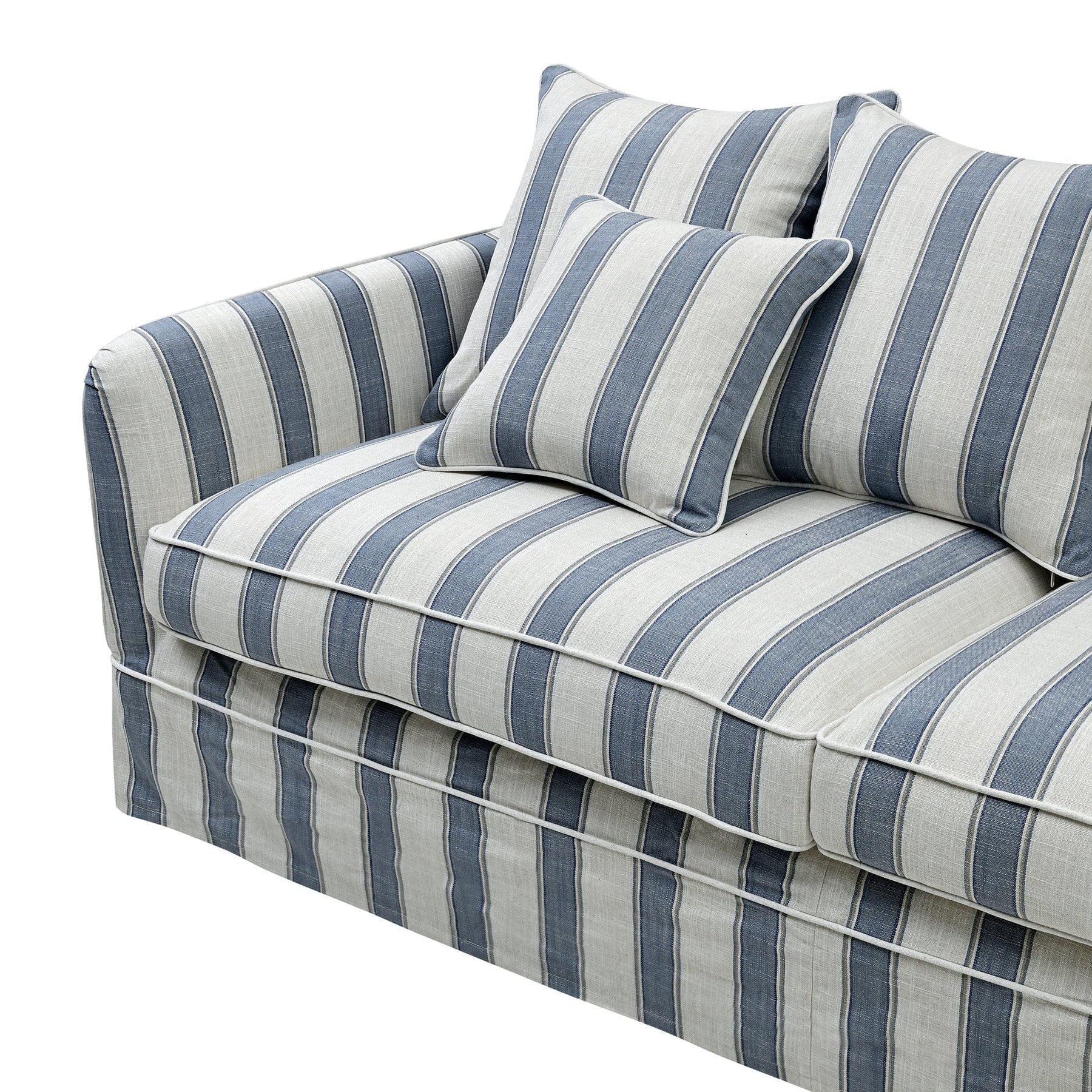Newport 3-seat sofa in Mariner Blue Stripe with striped linen-blend slipcover and cushions.
