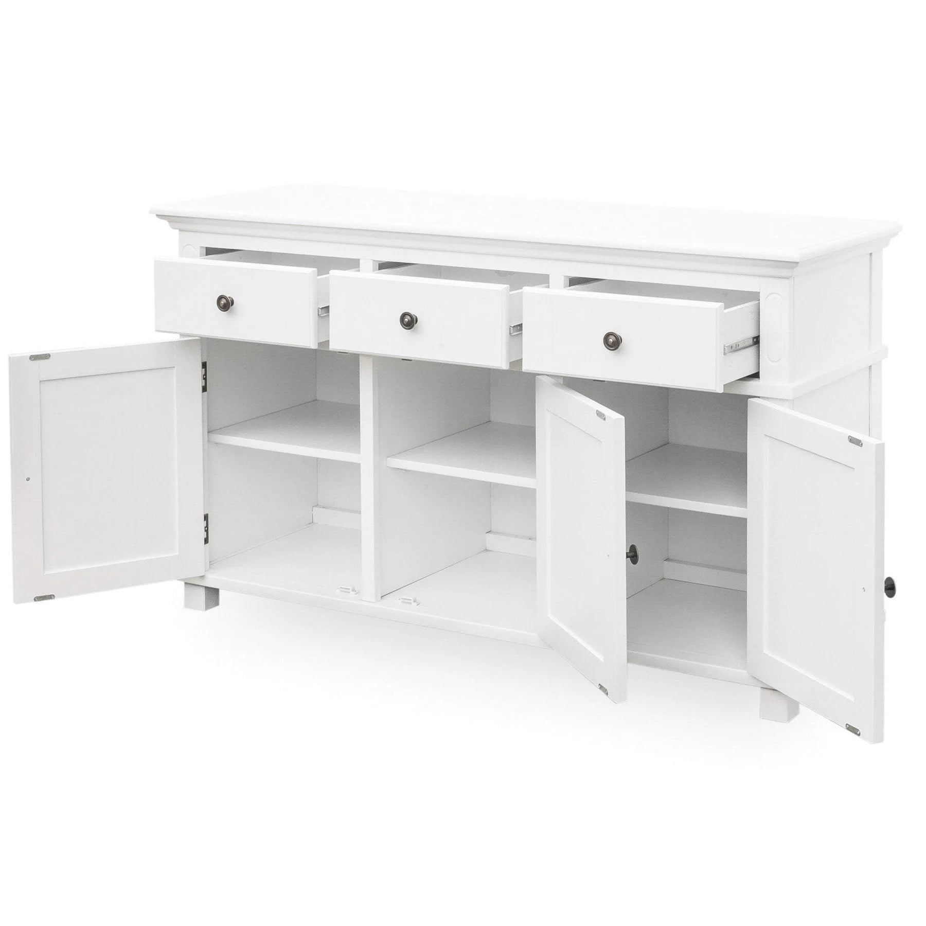 Bridgeport 3 Drawer Sideboard in white solid acacia with three top drawers and cabinet storage.