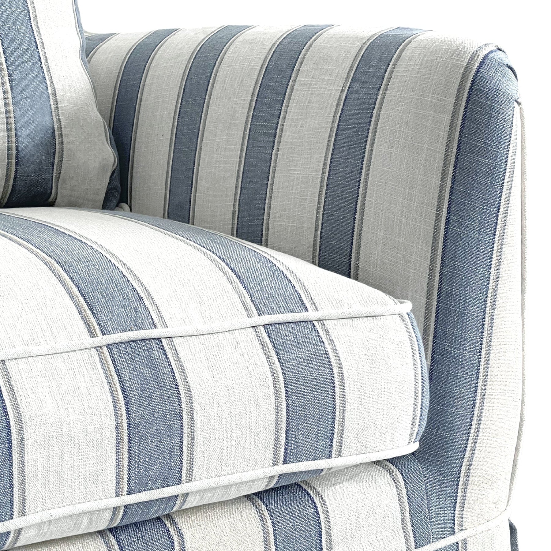 Newport Armchair in Mariner Blue Stripe with striped linen-blend slipcover and tailored skirt.